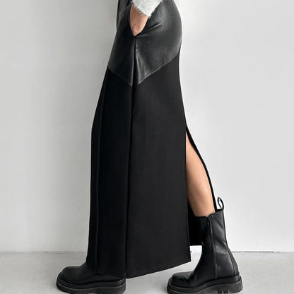 Women Clothing Retro Faux Leather Stitching Design Half Length Skirt Women Wild High Waist Slit Hip Skirt - Wanita Store