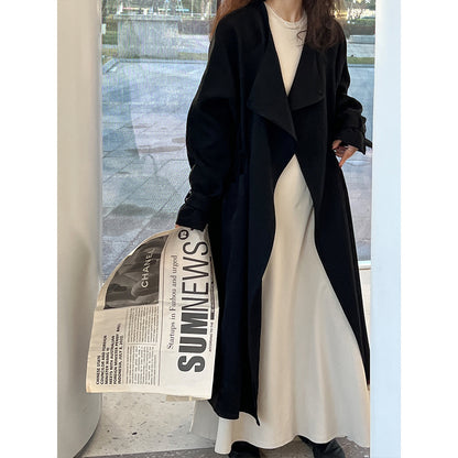Chinese National below the Knee Trench Coat Women Mid Length Spring Drawstring Cotton Linen Coat - Wanita Store