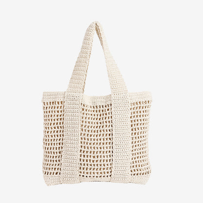 Casual Large Capacity Cotton Thread Woven Bag Hollow Out Cutout Straw Bag Seaside Vacation Beach Bag Mesh Shoulder Bag - Wanita Store