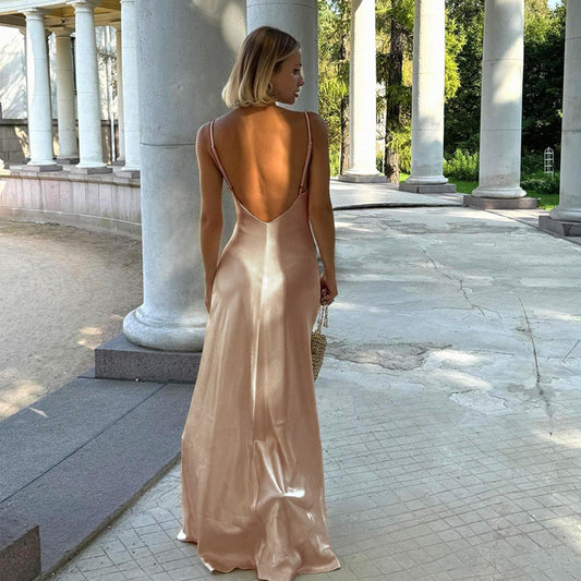 Fall Maxi Dress Socialite Sexy V neck Backless Satin Strap Dress