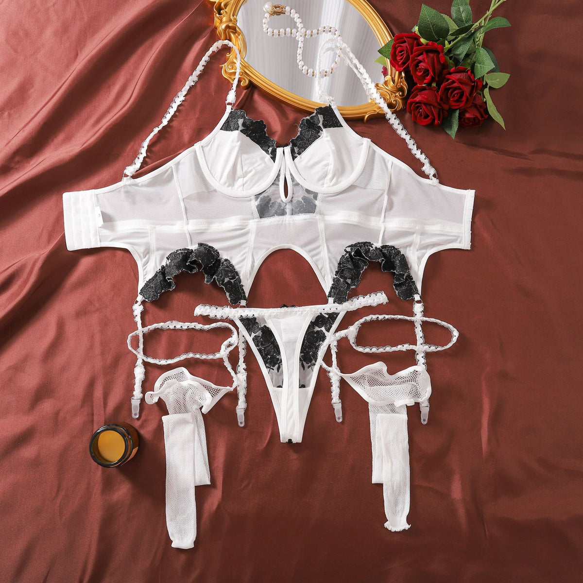 Exquisite Embroidered Floral Black White Stitching Cute Waist Strap Sexy Lingerie with Leg Length Mesh Stockings Three Piece Set