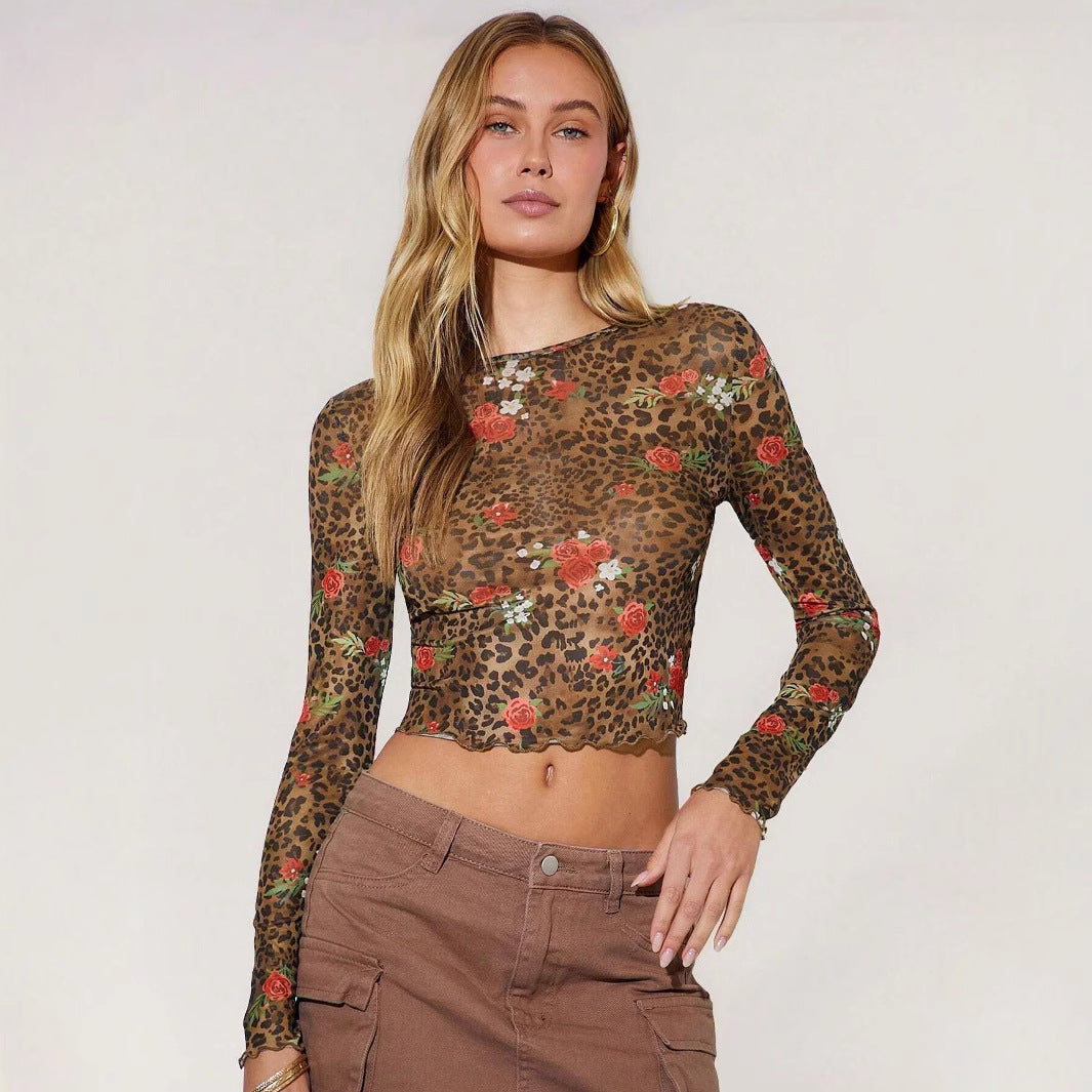 T-shirt Femme Imprimé Léopard Floral en Maille Col Rond Manches Courtes ou Longues Printemps