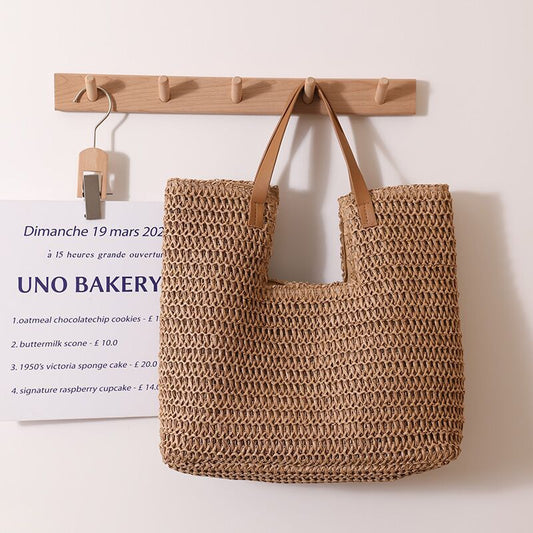 Shoulder Straw Bag Simple Large Capacity Portable Straw Bag Woven Bag Seaside Vacation Beach Bag Women Bag - Wanita Store
