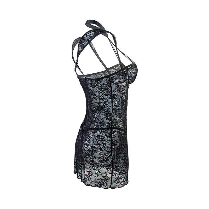 Sexy See through Hollow Out Cutout out Sexy Sleepwear Lace Homewear Nightdress Flirting Sexy Set