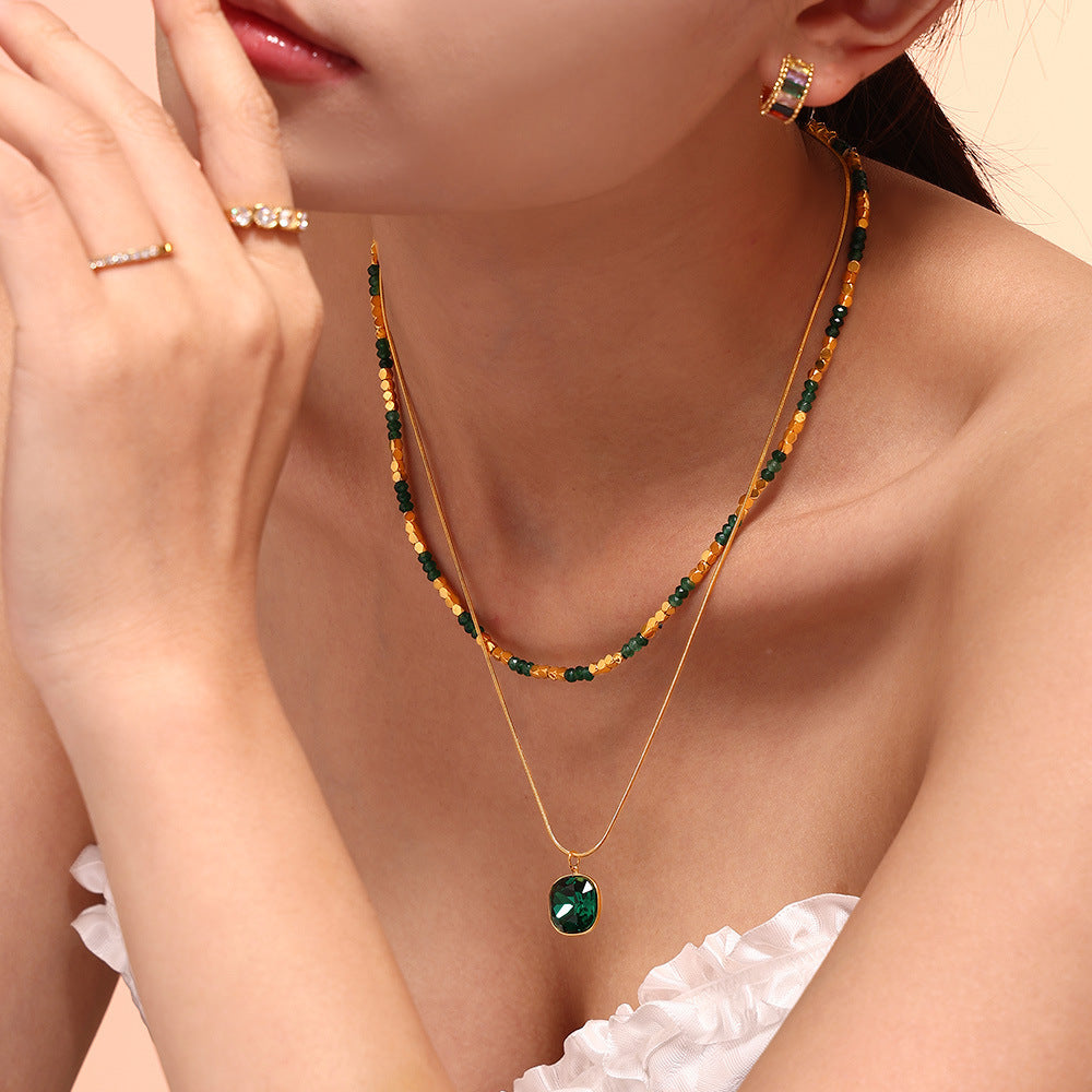 Natural Stone Beaded Crystal Stone Embellished Double Layer Necklace Stainless Steel All Match Clavicle Chain Necklace - Wanita Store