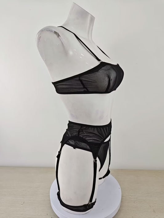 Sexy Translucent Solid Color Mesh Three Bikini Sexy Lingerie Set