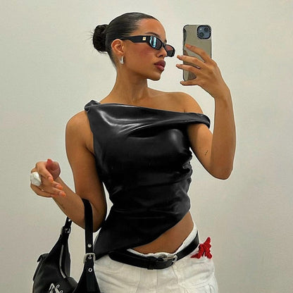 Sleeveless Vest Leather Oblique Shoulder Personality Irregular Asymmetric Top Women Clothing - Wanita Store