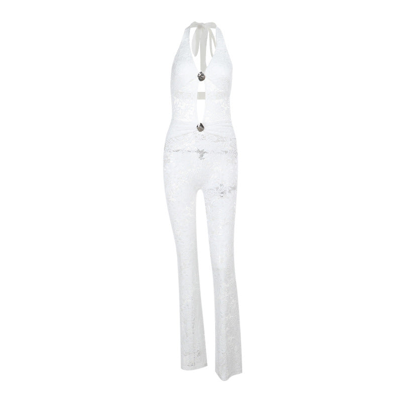 Sexy Low Cut Hollow Out Cutout out Slim Lace Halter Micro Pull Jumpsuit