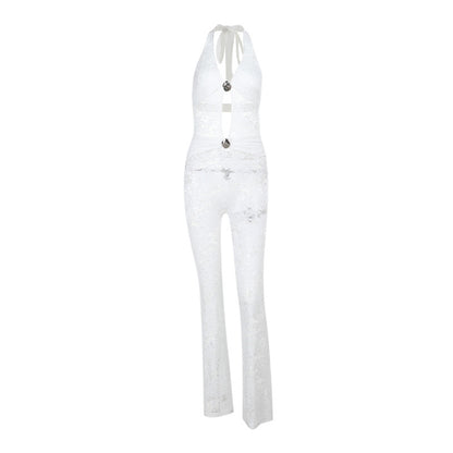 Combinaison Micro Bustier Halter en Dentelle Fine, Décolleté Plongeant Évidé et Découpé Sexy