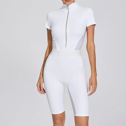Tight Waist Open Collar Zipper Short Sleeve Yoga Jumpsuit Women Patchwork Fitness Tight Sports Jumpsuit - Wanita Store