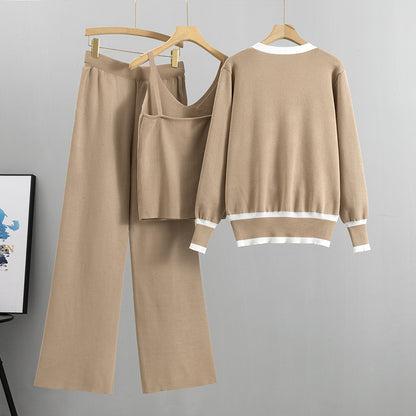 Spring Autumn Women Clothing Suit Tide Knitted Cardigan Sling Wide Leg Pants Three Piece Suit Suit - Wanita Store