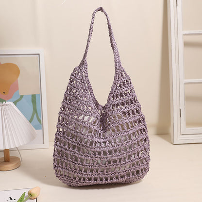 French Large Capacity Shoulder Straw Bag Hollow Out Cutout Tote Portable Straw Bag Woven Bag Seaside Vacation Beach Bag - Wanita Store