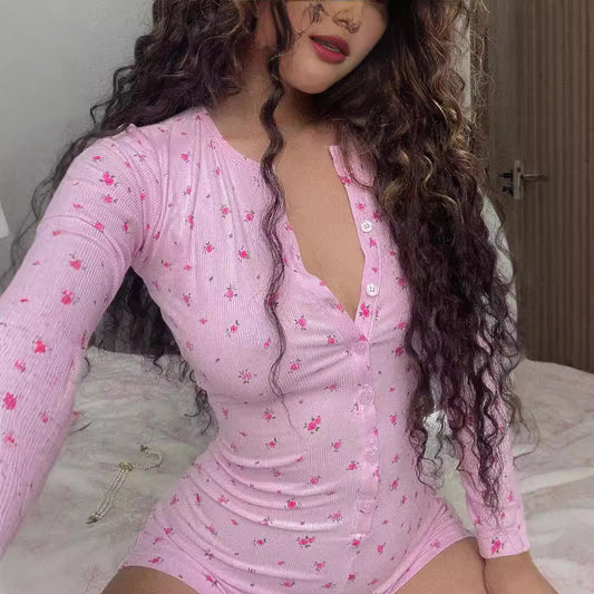 Casual Women Floral V neck Double Breasted Romper Long Sleeve Sexy Slim Homewear Hip Shorts
