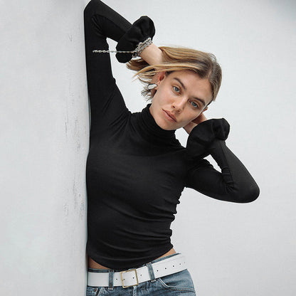 Women Clothing Solid Color Turtleneck Ruffled Long U Shaped Hem Elegant Short Top - Wanita Store