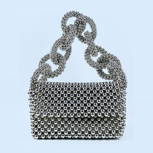 Model Light Luxury Advanced Texture Heavy Industry Beaded Solid Color Flip Ring Cocktail Small Square Bag Portable