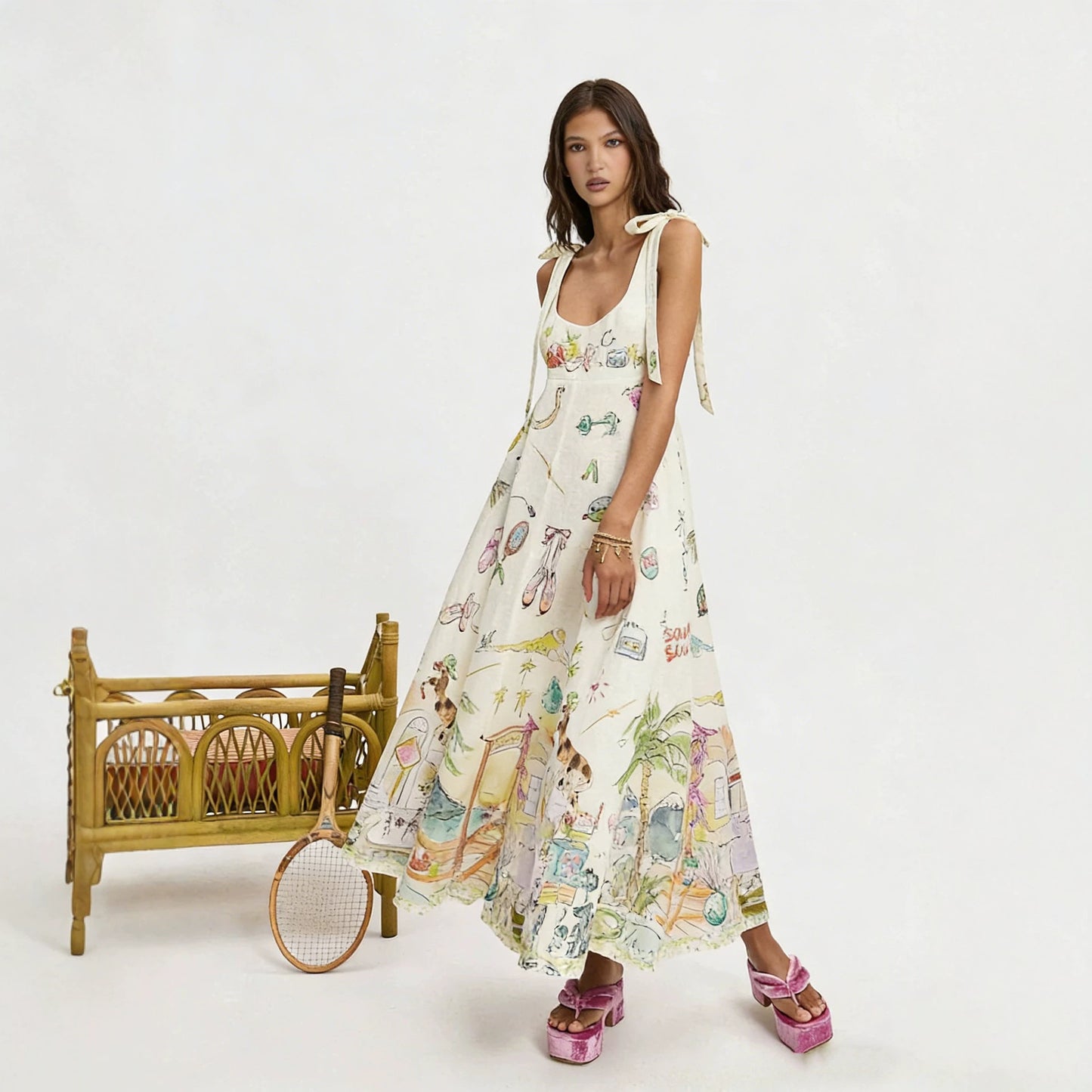 Vintage Floral Print Lace up Suspender Dress Long Dress Women Bohemian Summer Niche Dress