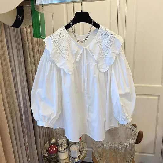 Women Doll Collar Sweet Loose Long Sleeve Shirt Top