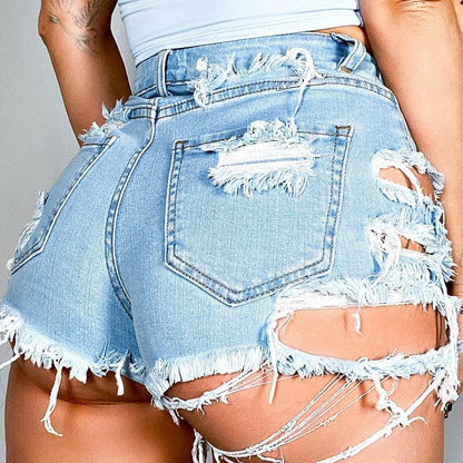 Jeans Women Summer Trendy High Waist Ripped Fringe Shorts - Wanita Store
