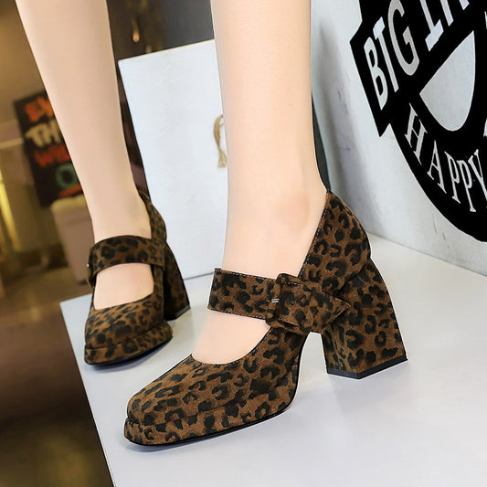 Chunky Heel High Heel Waterproof Platform Suede Leopard Print Shallow Mouth Suede Leopard Print Pumps Women Shoes