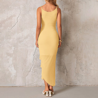 Vestido de verano de malla con tirantes, sexy, ajustado, con cuello en U, abertura asimétrica irregular y plisado