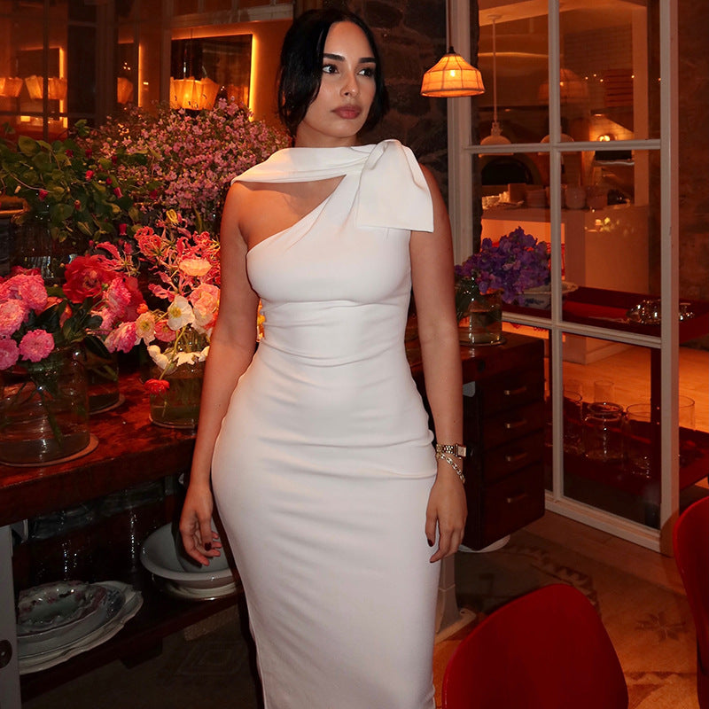 Solid Color Women Waist Slimming Hip Dress Diagonal Collar Sleeveless Asymmetric Maxi Dress