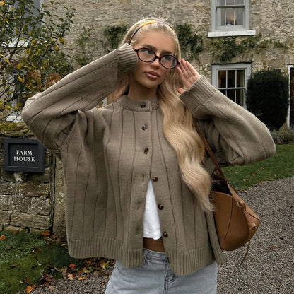 Loose Sweater Cardigan Autumn Winter Sunken Stripe round Neck Sweater Cardigan Knitted Cardigan Women - Wanita Store