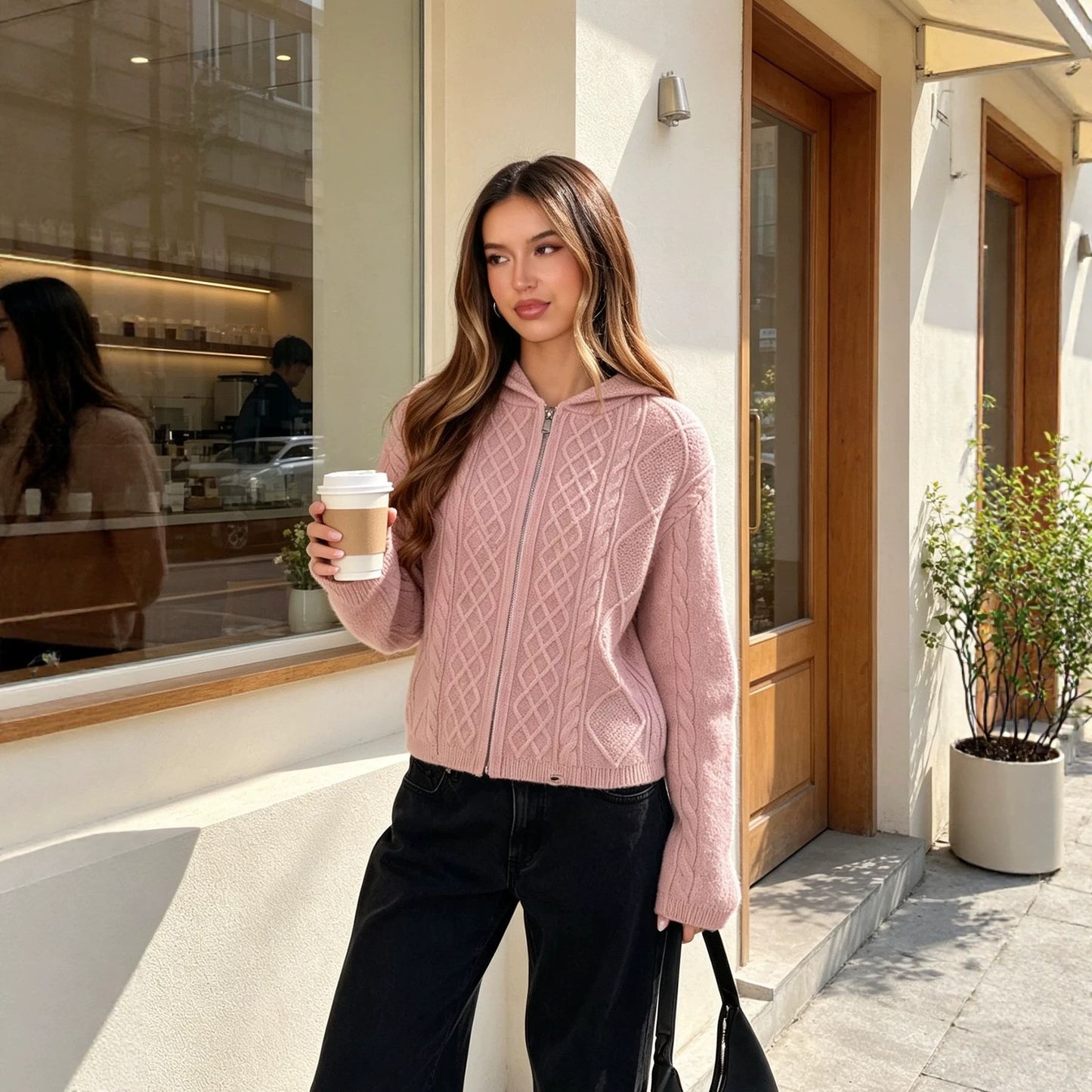 Hooded Zipper Knitted Cardigan Diamond Loose Long Sleeve Hoodie College Autumn Winter Sweater Coat