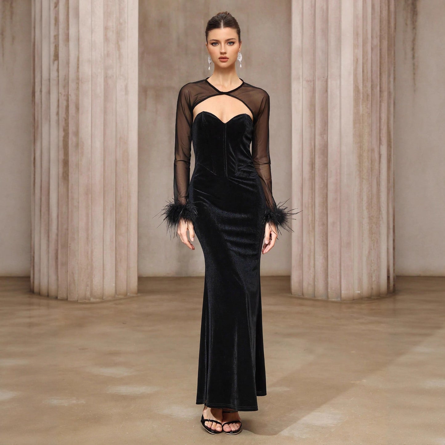 Dress Two Piece Semi Transparent Mesh Top Velvet Tube Top Dress Dinner Light Luxury Cheongsam