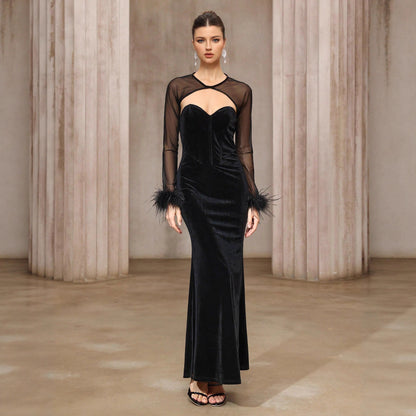 Dress Two Piece Semi Transparent Mesh Top Velvet Tube Top Dress Dinner Light Luxury Cheongsam - Wanita Store