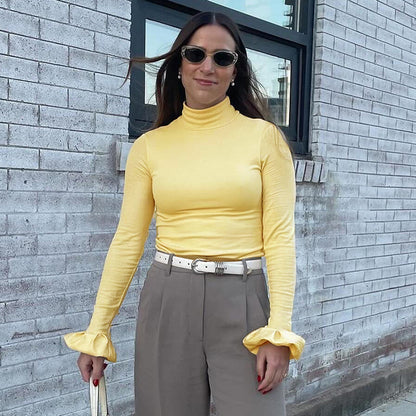 Women Clothing Solid Color Turtleneck Ruffled Long U Shaped Hem Elegant Short Top - Wanita Store