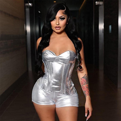 Spring Summer Faux Leather Metallic Body Shaping Tube Top Casual Shorts Two Piece Set Women Clothing - Wanita Store