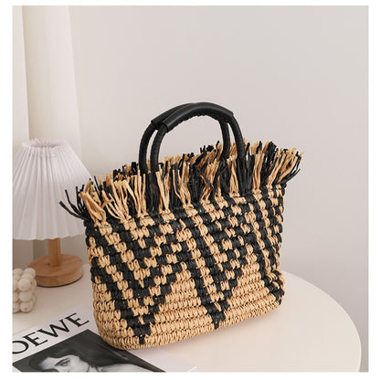 Color Matching Loose Edge Straw Bag Loose Edge Portable Color Matching Woven Bag Seaside Vacation Beach Bag Women Bag - Wanita Store