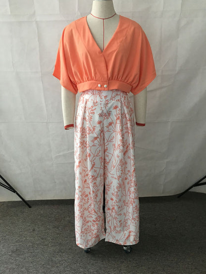 Fashion V neck Short Shirt Top Suit Printed Office Wide Leg Pants Women Clothing - Wanita Store
