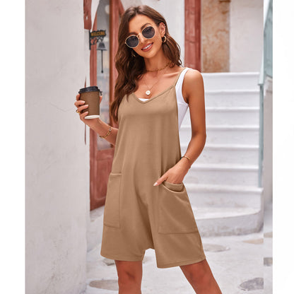 Women Clothing Summer Casual Pocket Spaghetti Straps Knitted Shorts Jumpsuit Suspender Pants Women - Wanita Store