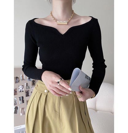 Petal Collar Short Sweater for Women Autumn Slim Fit Collarbone Bottoming Shirt - Wanita Store