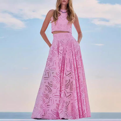 Spring Summer Sleeveless Long Skirt Pocket Set Casual Vacation Loose Two Piece Set Women - Wanita Store