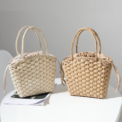 Japan South Korea Straw Bag Solid Color Woven Bag One Shoulder Hand-Carrying Small Bag Casual Women Bag Vacation Beach Bag - Wanita Store