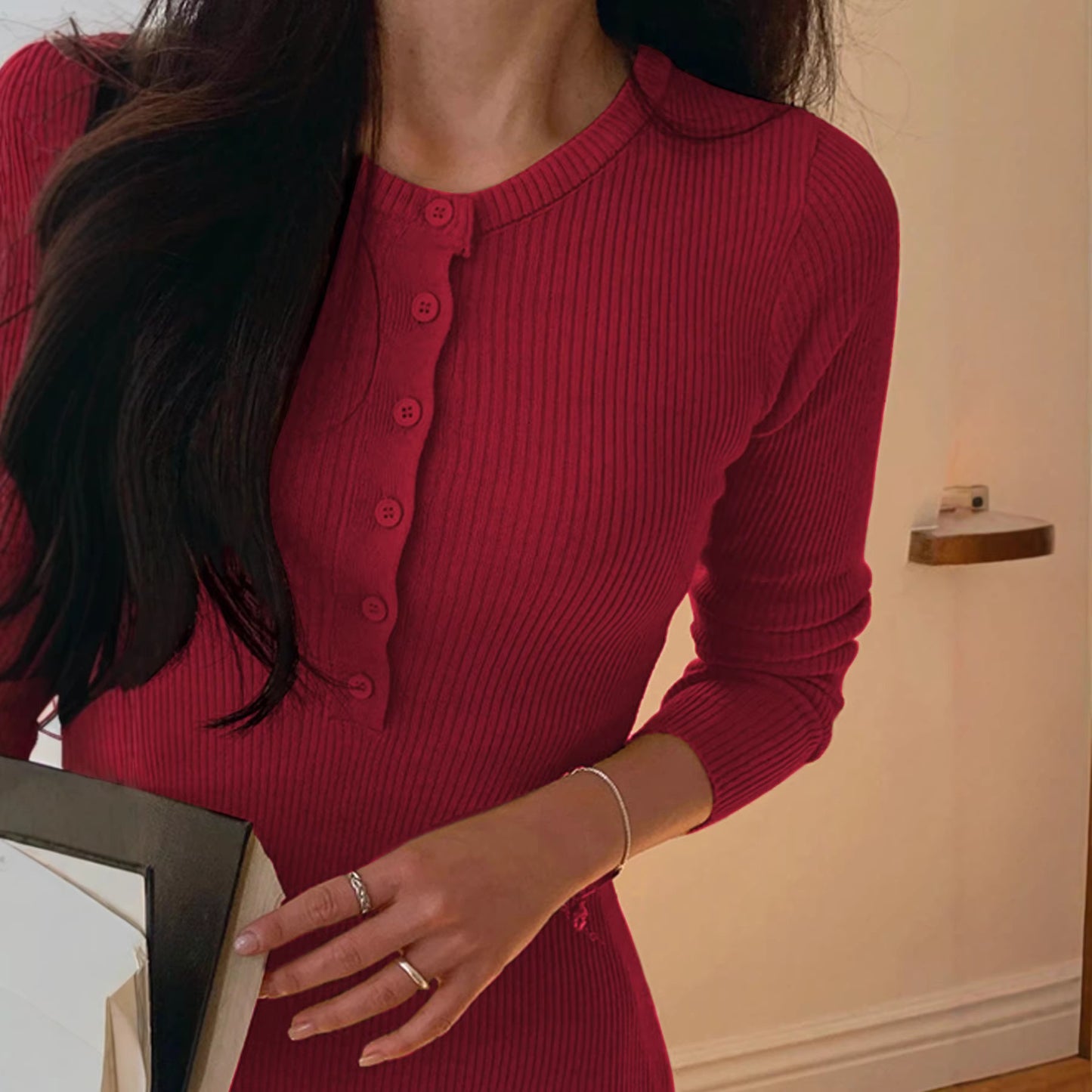 Vestido de Punto Otoño Invierno Mujer Ceñido Cadera Abrigo Ropa Interior Elegante Ajustado Vestido Largo