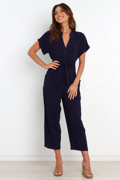 Summer Solid Color Pocket Sexy V Neck Cropped Wide Legged Jumpsuit Women - Wanita Store