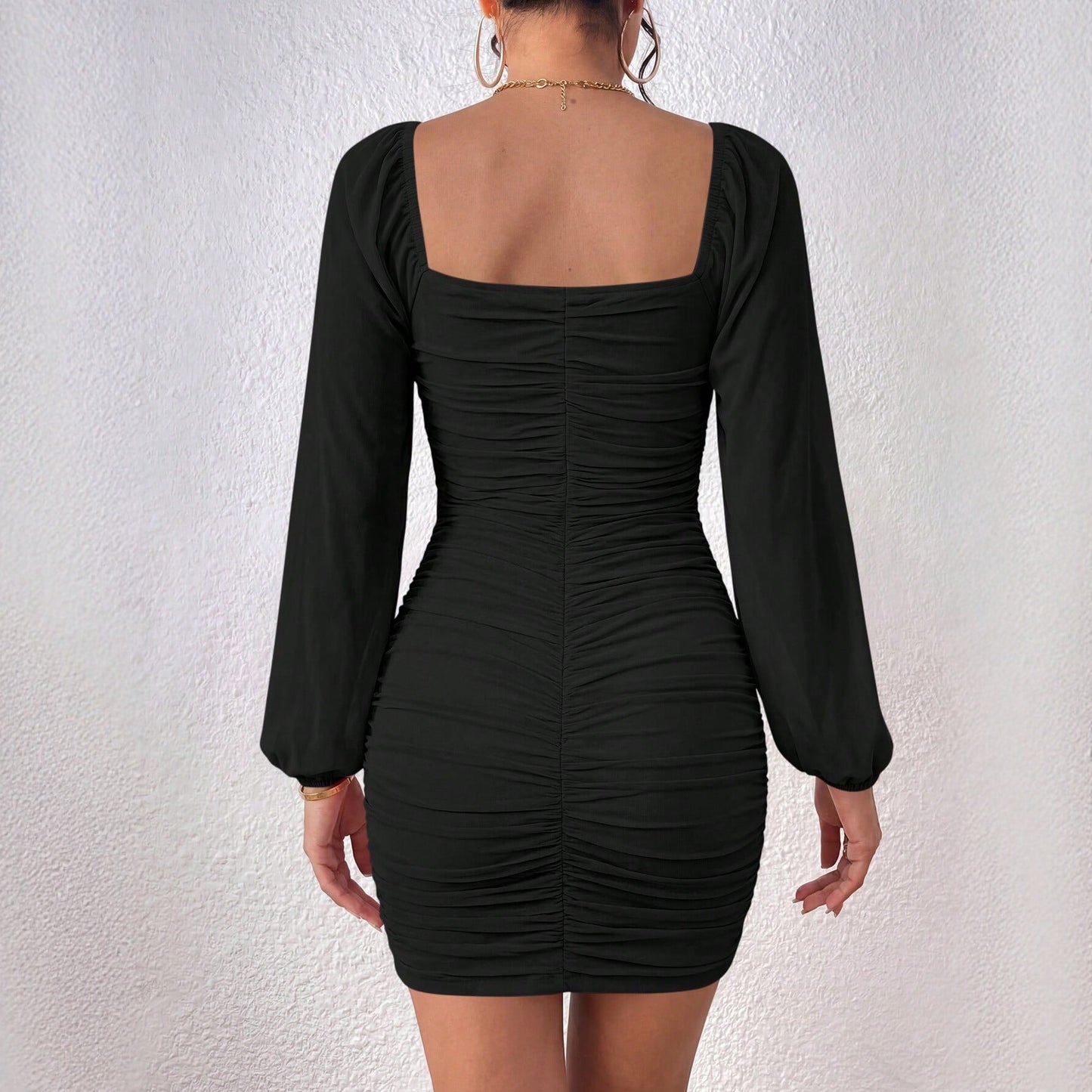Square Collar Ruffle Hip Dress Bubble Long Sleeve Slim Slimming