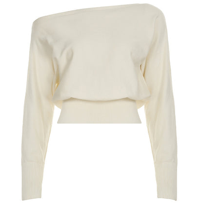 Gentle Diagonal Collar Loose Drawstring Slim Fit Solid Color Sweater Sexy Strapless All Matching Short Top - Wanita Store