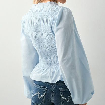 Chemisier femme uni décontracté à boutons, coupe cintrée, manches bouffantes