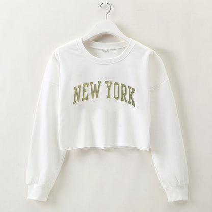 Women Clothing Autumn Winter York Letter Graphic Printing Short Loose Long Sleeves Sweatshirt - Wanita Store