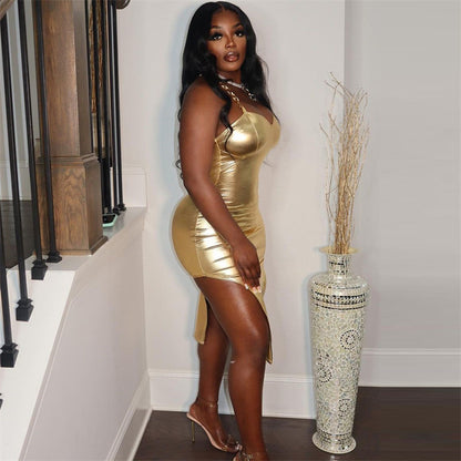 Women Clothing Autumn Bronzing Color Tube Top Sexy Waist Tight Hip Bag Irregular Asymmetric Spaghetti Strap Dress Women - Wanita Store