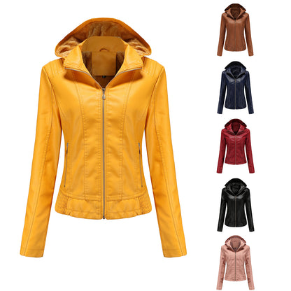 Fall Winter Hooded Leather Coat Women's Detachable Hat Long Sleeve Zipper Fleece-Lined Leather Jacket Slim Coat - Wanita Store