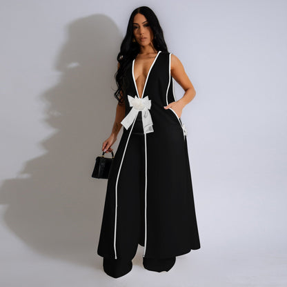 Women Sexy Camellia Bow Sleeveless Long Vest Wide Leg Pants Set - Wanita Store