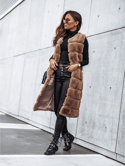 Women Clothing Autumn Winter round Neck Fur Vests Long Vest Coat - Wanita Store