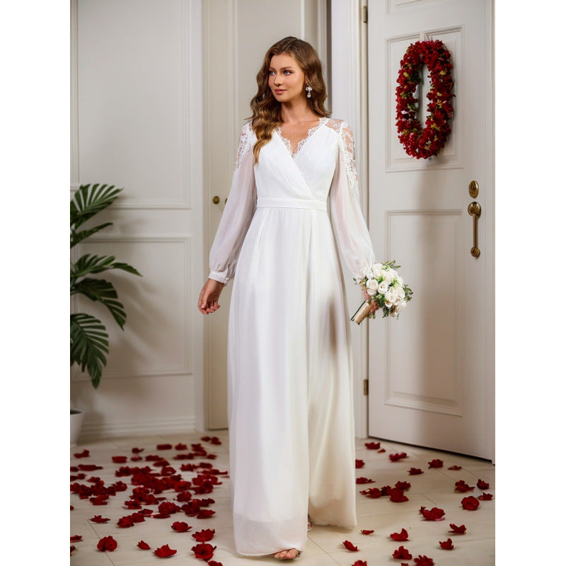 Dress Lace Long Patchwork Waist Noble Evening Dress Chiffon Wedding Clothes