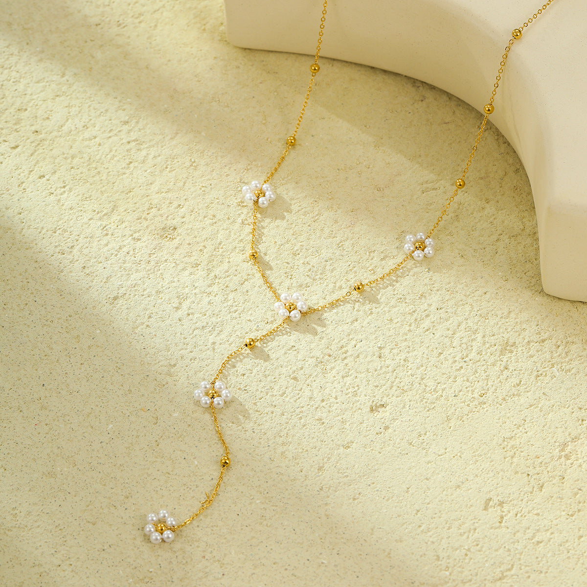 Stainless Steel Long Necklace Pearl Floral Tassel Necklace Clavicle Chain Non Fading Jewelry Accessories - Wanita Store