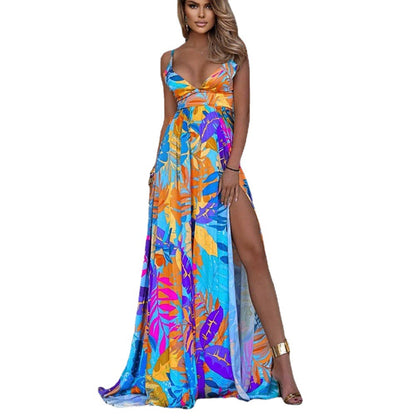 Sundress Spring New Leaf Four-Sided Stretch Dress Bohemian off-the-Shoulder Strap Tube Top Mop Dress Boho Vacation Maxi Dresses - Wanita Store